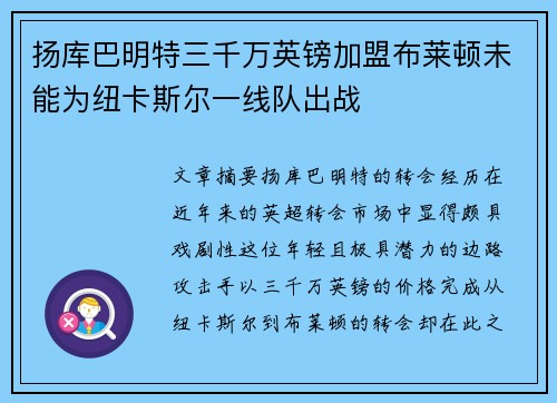 扬库巴明特三千万英镑加盟布莱顿未能为纽卡斯尔一线队出战