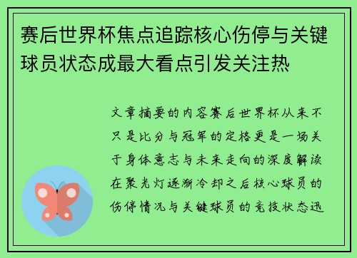赛后世界杯焦点追踪核心伤停与关键球员状态成最大看点引发关注热